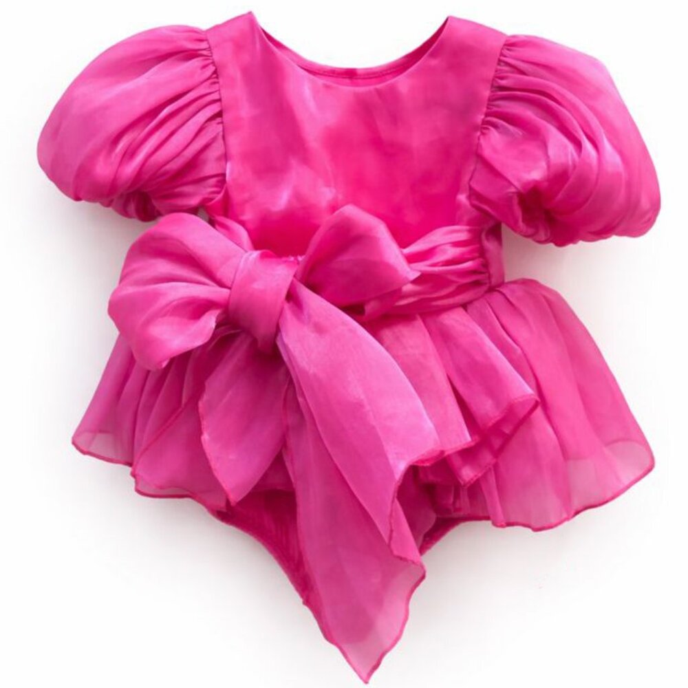 Girls' Bright Pink Puff-Sleeve Formal Dress with Bow